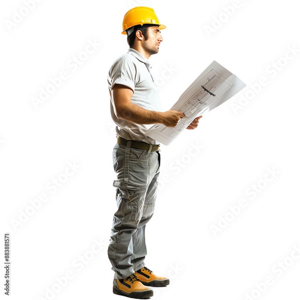 Fototapeta Male construction worker in protective gear studying architectural blueprints, side view, isolated on white background.