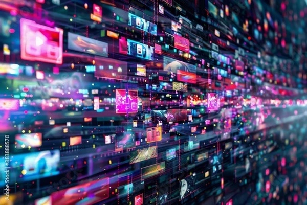 Obraz A vibrant digital media wall displaying a multitude of abstract images representing streaming platforms and social media channels
