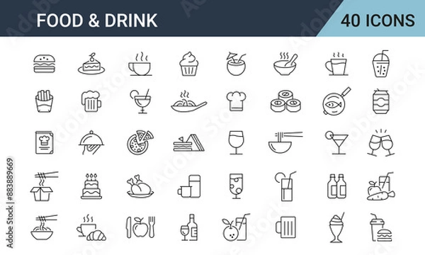 Fototapeta Food and Drink Line Editable Icons set. Such as wine, champagne, beer, whisky, cocktail, glass. Restaurant icon set suitable for info graphics, websites and print media.