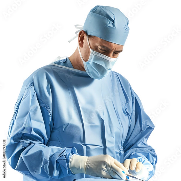 Fototapeta A surgeon in blue scrubs and mask performing a medical procedure in a sterile environment.