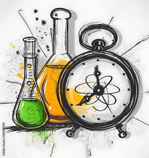 Obraz Doodle of an atomic symbol next to the clock and test tube with green liquid, in the style of a vector illustration, simple design