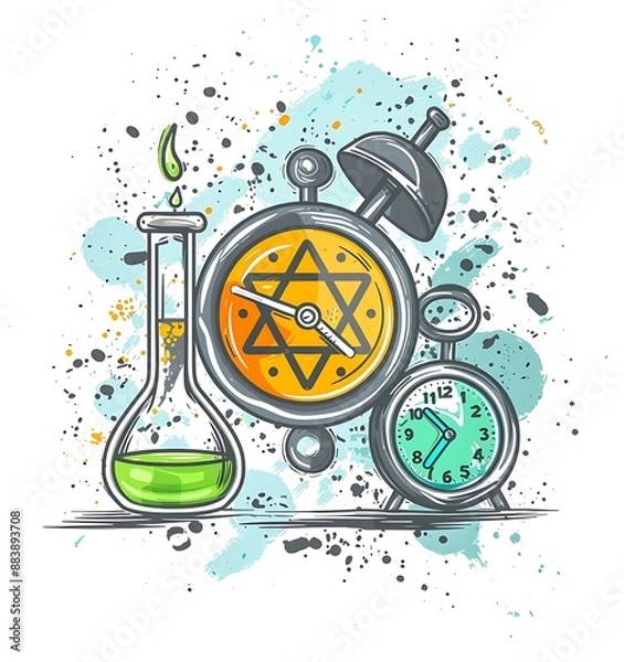 Obraz Doodle of an atomic symbol next to the clock and test tube with green liquid, in the style of a vector illustration, simple design