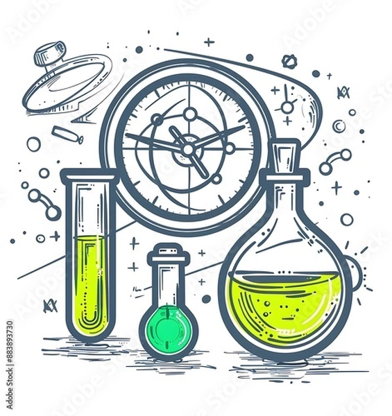 Obraz Doodle of an atomic symbol next to the clock and test tube with green liquid, in the style of a vector illustration, simple design