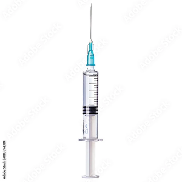 Fototapeta High-quality image of a medical syringe filled with liquid, isolated on a white background, perfect for healthcare and vaccination themes.