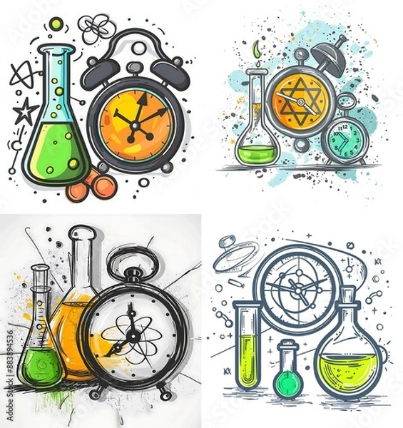Obraz Doodle of an atomic symbol next to the clock and test tube with green liquid, in the style of a vector illustration, simple design