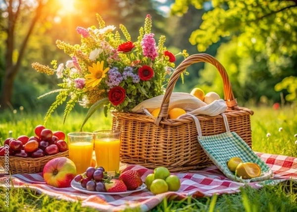 Fototapeta A wicker picnic basket filled with colorful blankets, fresh fruits, and refreshing drinks, surrounded by lush greenery and vibrant flowers, on a sunny day.