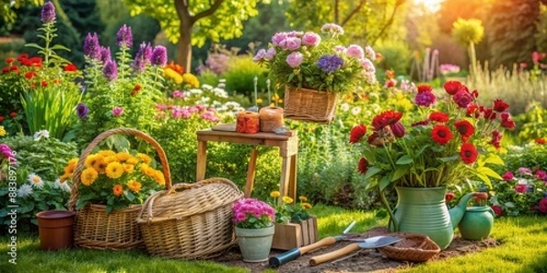 Fototapeta Vibrant flowers and lush greenery surround a well-tended garden, with gardening tools and baskets scattered about, awaiting the next lesson in this tranquil outdoor setting.