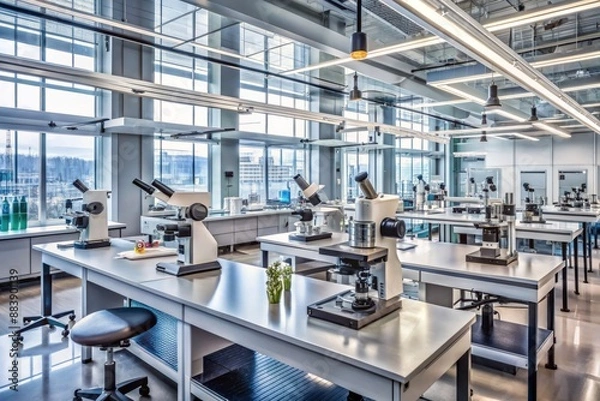 Fototapeta Microscopes, beakers, and equipment scattered on tables, amidst a backdrop of modern machinery and sleek metal shelving in a well-lit, state-of-the-art university science laboratory.