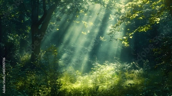 Obraz Enchanting forest clearing with dappled sunlight filtering through dense trees, creating a serene and magical ambiance. 
