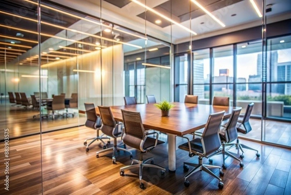 Fototapeta Blurred conference room with modern furniture and sophisticated decor visible through transparent glass wall, conveying importance and professionalism in a corporate setting.