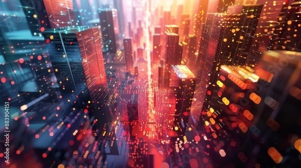 Fototapeta Vibrant cityscape with abstract digital elements, showcasing futuristic urban life through colorful light patterns and modern architecture.