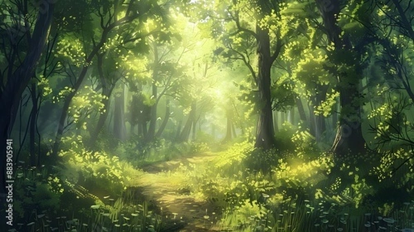 Fototapeta Enchanting forest clearing with dappled sunlight filtering through dense trees, creating a serene and magical ambiance. 