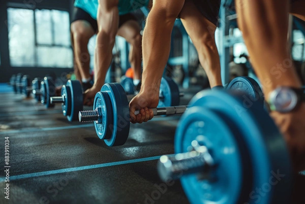 Fototapeta Close-up of a group of people lifting dumbbells off the floor. With fitness equipment behind people exercising and building muscles at the gym; healthy lifestyle