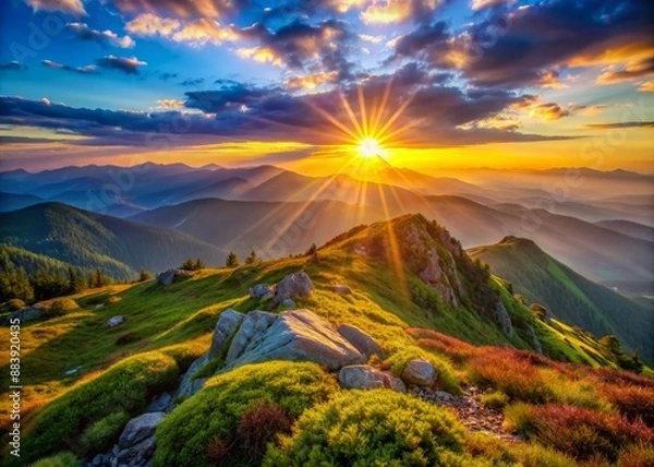 Fototapeta Vibrant sunrise illuminates a serene mountaintop landscape, empty of people, with a subtle hint of joyful energy, evoking feelings of happiness and natural healing.