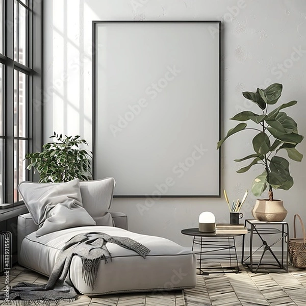 Fototapeta empty picture frame mockup on white wall in minimalist interior design. modern armchair with white cushions.