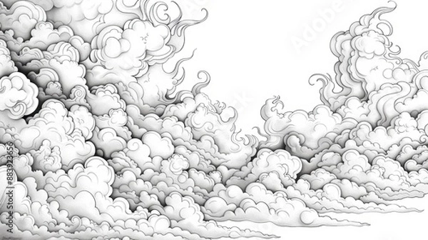 Fototapeta A whimsical coloring book page featuring a variety of different cloud shapes, from fluffy cumulus clouds to wispy cirrus clouds. This design offers plenty of opportunities for creative coloring and
