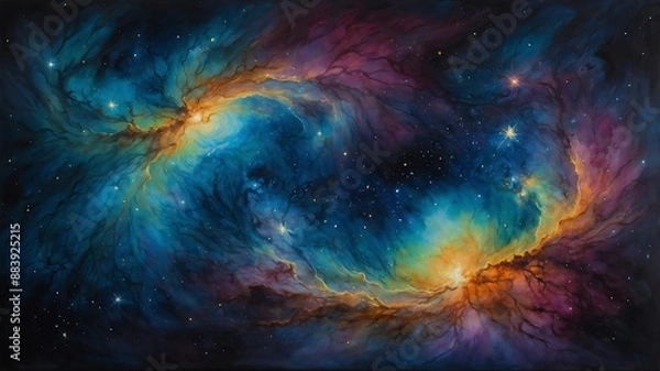 Fototapeta Abstract dark blue space background with glowing planet and stars