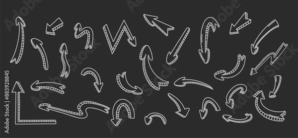 Fototapeta Arrow doodles with pseudo 3d white line vector icons bundle in negative space. Navigation symbols hand drawn illustration set black and white