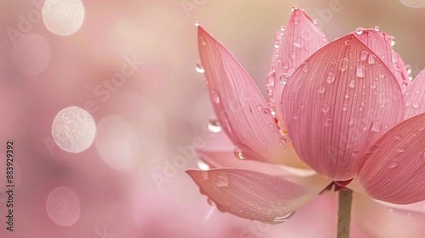 Fototapeta Close-up of a wet Renge (lotus) flower with stem, soft pink blur background, raindrops gently on petals, symbolic and serene.