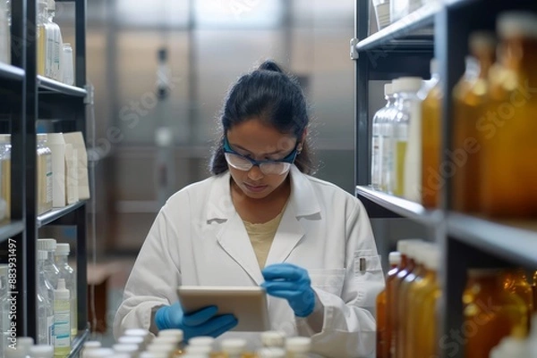 Fototapeta Chemist doing research while working at an industrial lab Latin American female chemist doing research while working at an industrial lab using a digital tablet