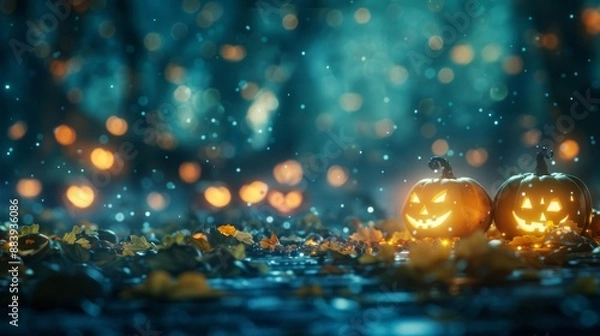 Fototapeta Spooky Halloween night scene with glowing carved pumpkins, autumn leaves, and bokeh lights in the background.