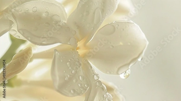 Fototapeta Close-up of wet jasmine flower with stem, soft cream blur background, rain drops, delicate and aromatic composition.