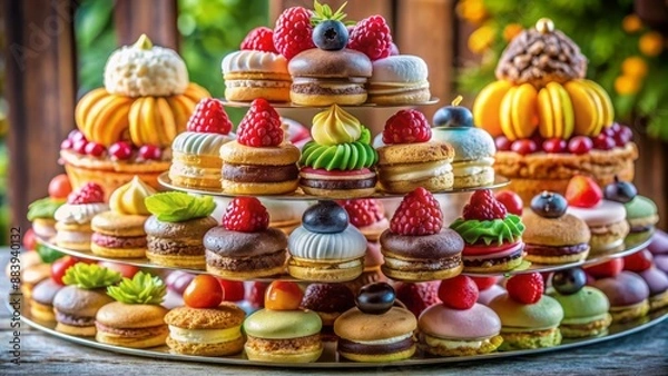 Fototapeta Vibrant, delicately stacked macarons in assorted colors and textures, tantalizingly arranged to highlight their sweet and harmonious appeal.