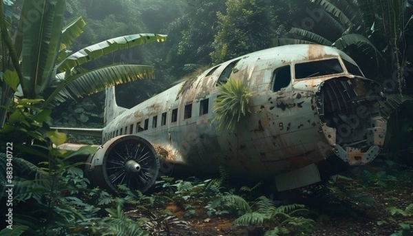Fototapeta A crashed and abandoned plane in the jungle