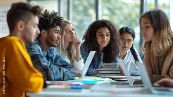 Obraz Group of diverse students working together around a table with laptops and notebooks, brainstorming ideas and solving problems in a bright, modern classroom