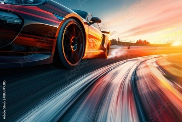 Fototapeta Breathtaking race car speeding on track at sunset, providing thrilling racing action viewers love