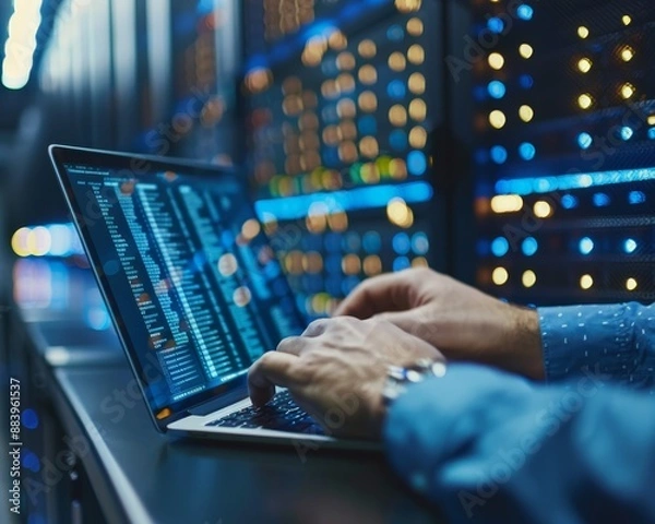 Obraz Computer engineer in server room with laptop, big data storage, it support, telecommunication