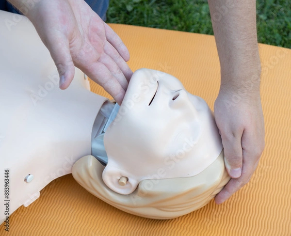 Fototapeta First aid training - mastering CPR techniques on a dummy