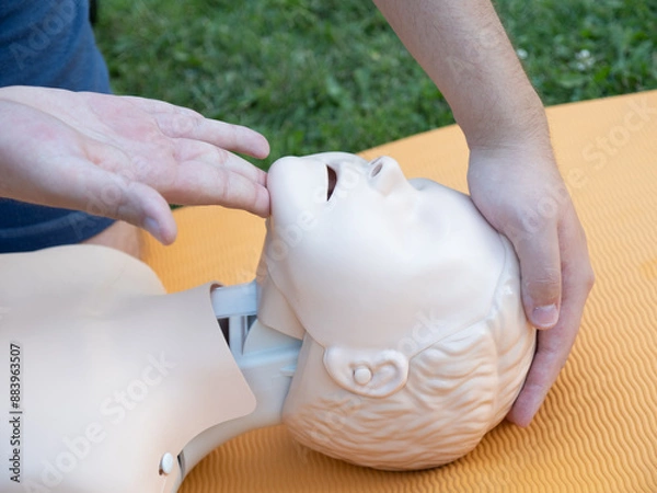 Fototapeta First aid training - mastering CPR techniques on a dummy