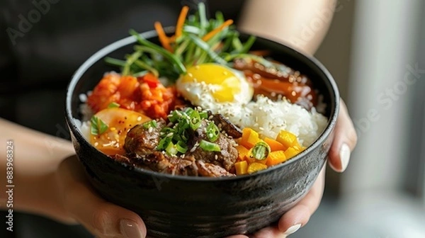 Fototapeta Yangnyeom tongdak with accompaniments in a black bowl with hand, looks delicious on a clean white background, typical korean food