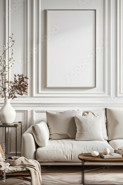 Fototapeta Modern minimalistic living room in a bohemian, scandinavian, nordic style. Mockup with a wall frame poster background. 