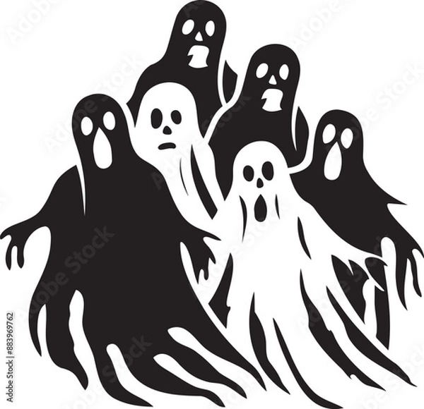 Fototapeta Illustration of five black ghosts with varied expressions, creating a spooky and fun Halloween-themed design isolated on white or transparent background.