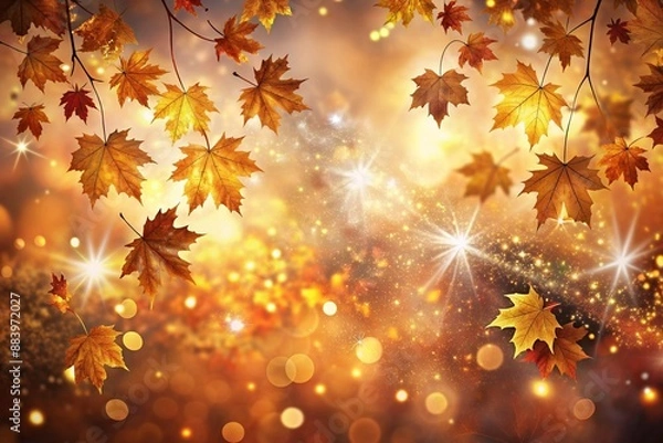 Fototapeta Autumn Background with Colorful Orange Leaves and Branches, Falling to the Ground, Template with Space for Copy