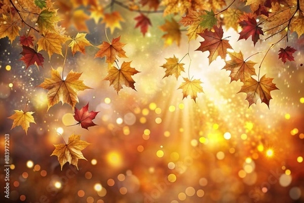 Fototapeta Autumn Background with Colorful Orange Leaves and Branches, Falling to the Ground, Template with Space for Copy