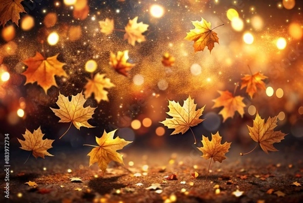 Fototapeta Autumn Background with Colorful Orange Leaves and Branches, Falling to the Ground, Template with Space for Copy