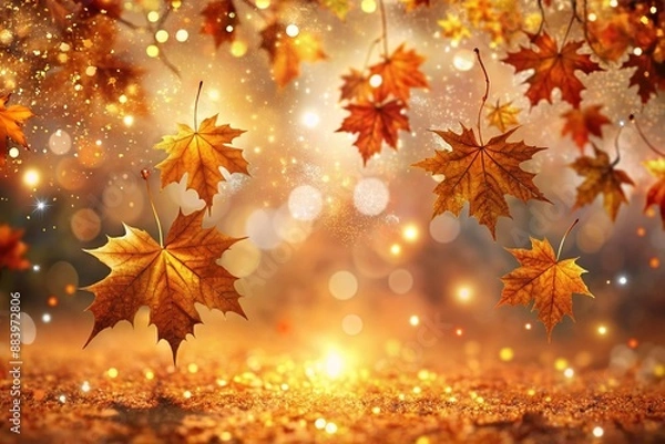 Fototapeta Autumn Background with Colorful Orange Leaves and Branches, Falling to the Ground, Template with Space for Copy