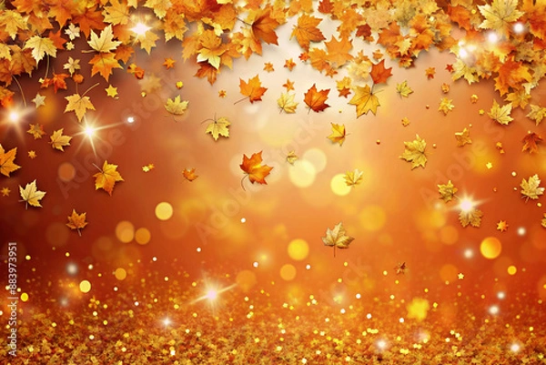 Fototapeta Autumn Background with Colorful Orange Leaves and Branches, Falling to the Ground, Template with Space for Copy