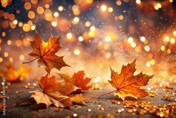 Fototapeta Autumn Background with Colorful Orange Leaves and Branches, Falling to the Ground, Template with Space for Copy
