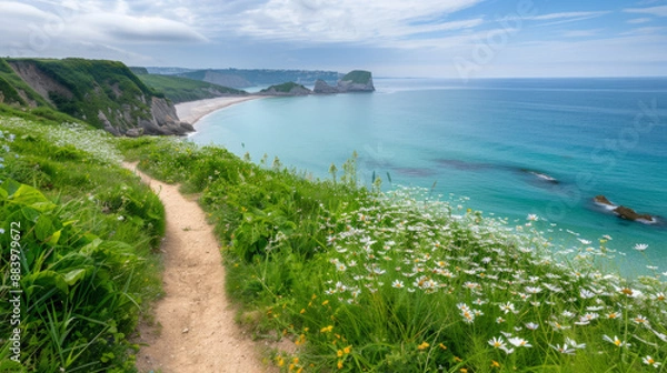 Fototapeta Discover a hidden beach along a scenic coastal path lined with lush greenery and wildflowers on a summer hiking trail.