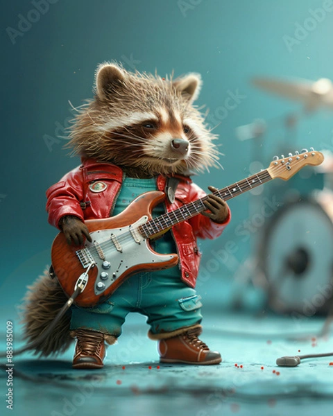 Fototapeta Realistic raccoon in a punk rock outfit, playing a guitar, solid turquoise background