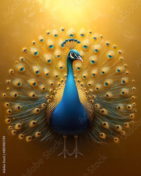Fototapeta Realistic peacock in a ballroom gown, striking a pose, solid gold background