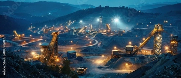 Fototapeta Night view of a gold mining operation with bright lights illuminating the site