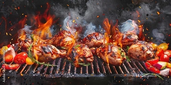Fototapeta BBQ Chicken and Vegetables on Grill. Watercolor Artwork with Rustic Charcoal Grill, Flames, and Outdoor Cooking Concept