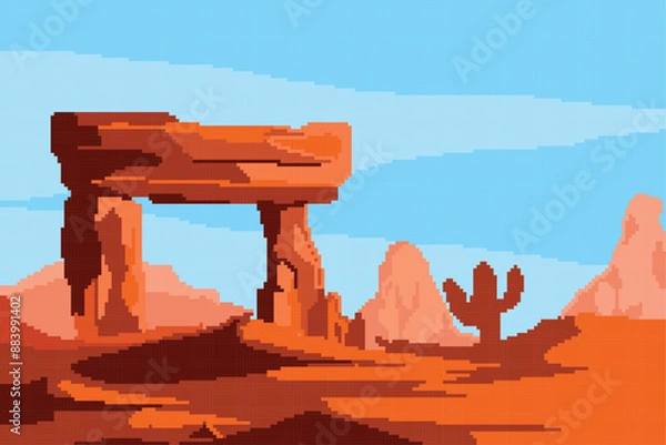 Fototapeta pixel art image of desert, hot atmosphere in the afternoon and there is a shadow of orange cactus tree