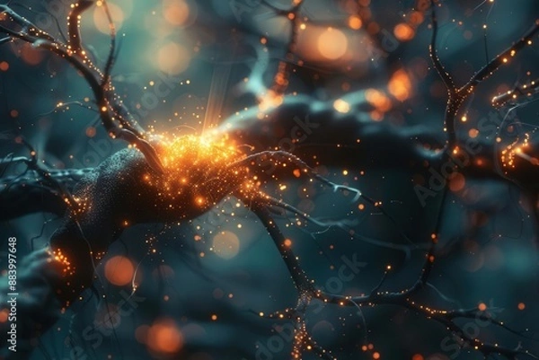 Fototapeta Close-up of a single neuron bathed in soft light. The firing rate of neurons slows, shows decreased activity associated with a calm mind.