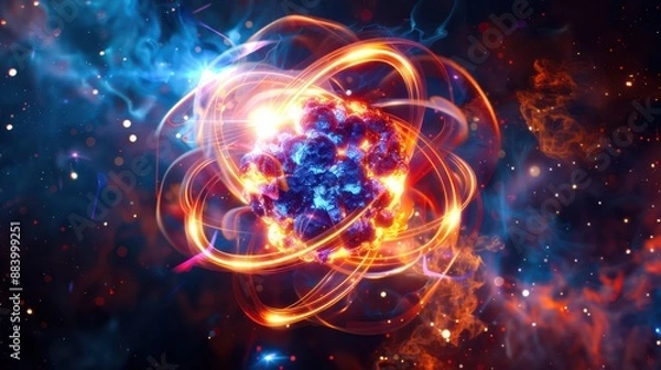 Obraz The process of nuclear fusion in which two light nuclei fuse to form a heavy nucleus and release an enormous amount of energy. Perfect for illustrating articles about the future of energy